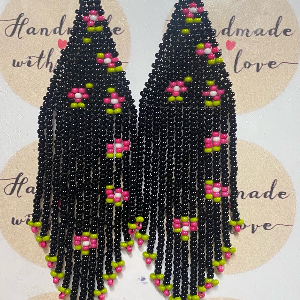 Black and Pink Tassel Earrings with Beaded Fringe
